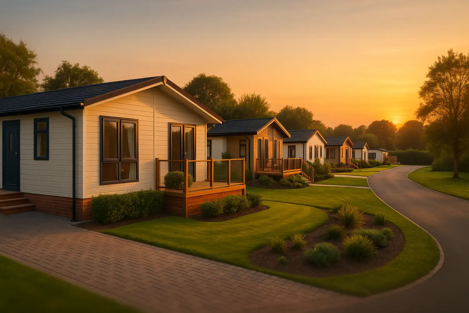 Contemporary park homes in landscaped countryside at sunset